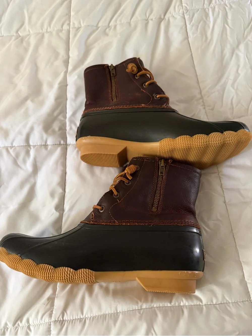 Sperry Brown Leather and Dark Green Waterproof Duck Boots with Tan Soles